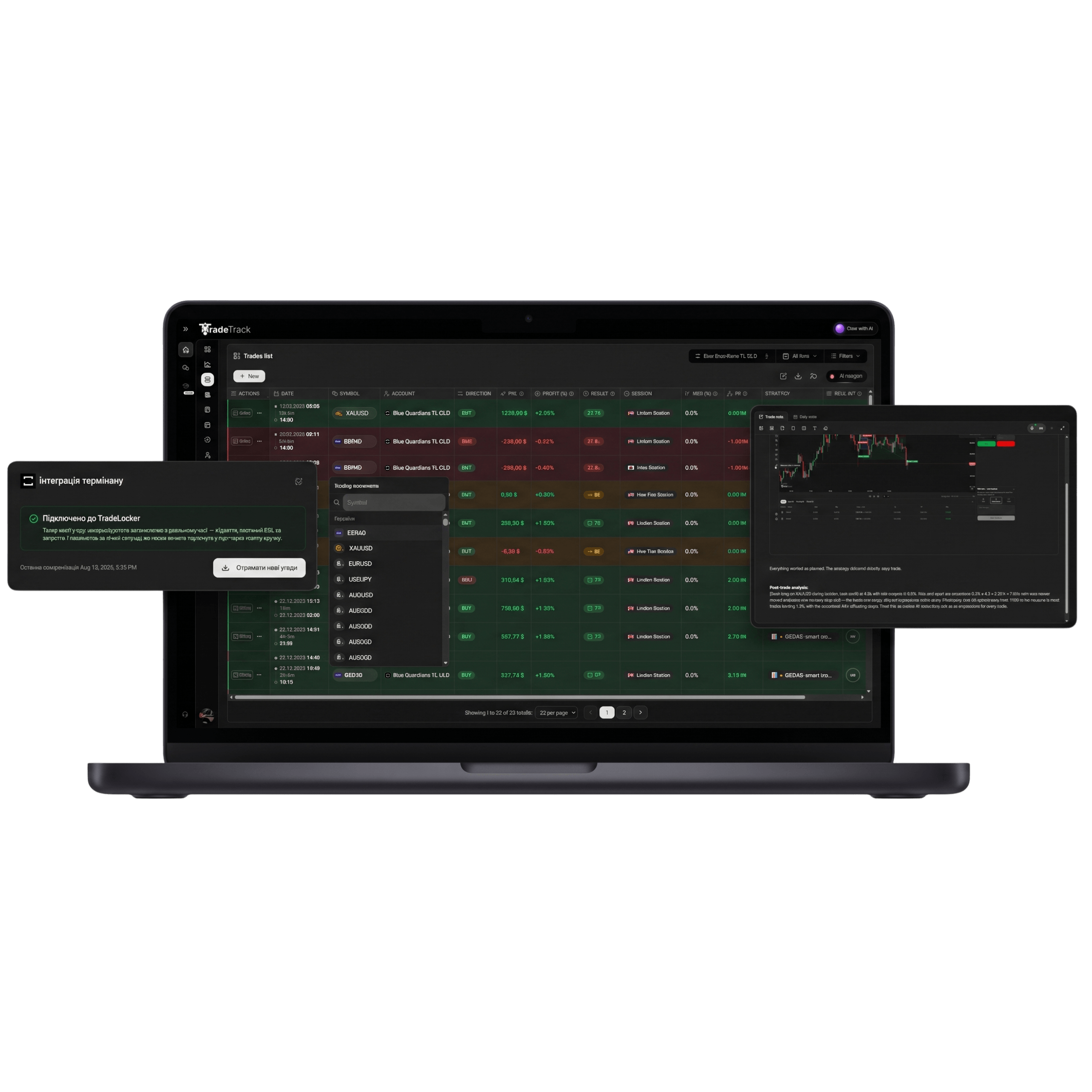 TradeTrack trades list with a connected TradeLocker account and an open trade note